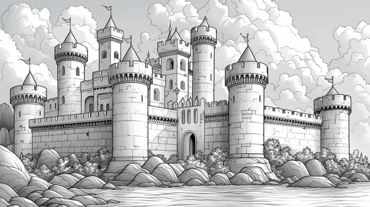 Image with black lines on a white background, illustrating a fantasy castle suited for coloring in. Large, closed shapes, coloring book style, no solid fill --s 1000