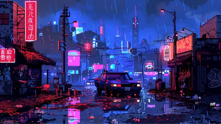 Neon cyberpunk street at night in 16-bit pixel art