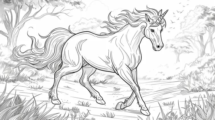 Line art of a magical unicorn prancing through a meadow. Clean, bold lines and large areas to color, perfect for a children's coloring book.