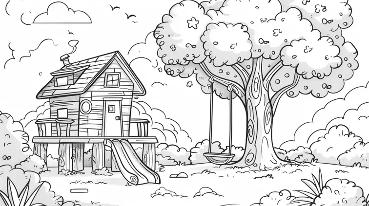 Clean line art of a whimsical treehouse with a slide and swing. Large, closed shapes and ample white space for a fun coloring book experience.