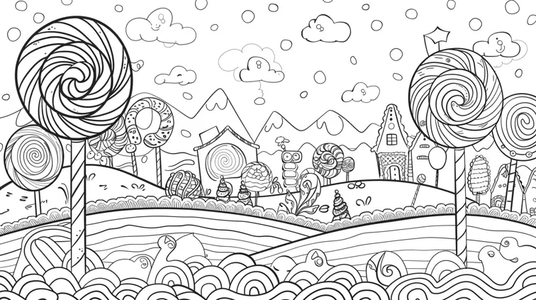 Line art of a giant candy land with lollipop trees and gingerbread houses. Bold lines and fun shapes, perfect for a sweet coloring book theme.