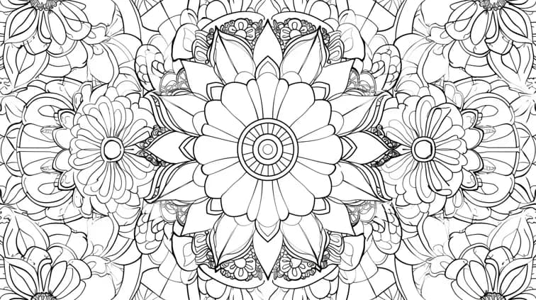 Coloring book page featuring a detailed mandala with simple flower shapes. Bold lines and repetitive patterns, perfect for developing fine motor skills.
