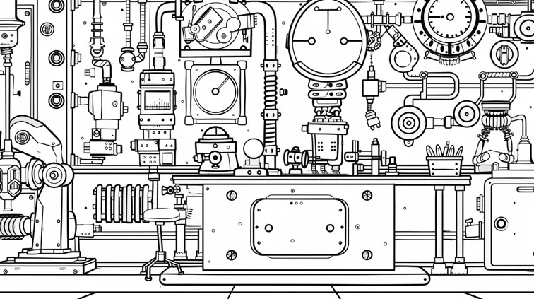 Image with black lines on a white background, illustrating a robot workshop. Coloring book style with various robot designs and mechanical elements.