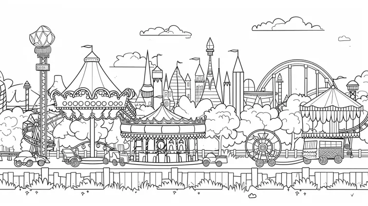 Image with black lines on a white background, illustrating a busy amusement park with roller coasters and carousel suited for coloring in. Large, closed shapes, coloring book style, no solid fill