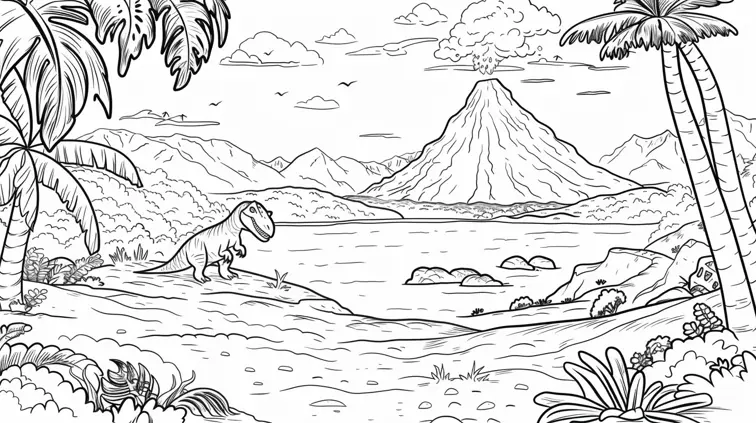 Clean line art of a prehistoric landscape with volcanoes and dinosaurs, perfect for a coloring book page. Thick outlines and ample white space for easy coloring