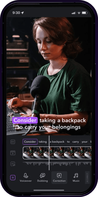 Captions GUI shown on a mobile phone. Editing a video and adding video captions.