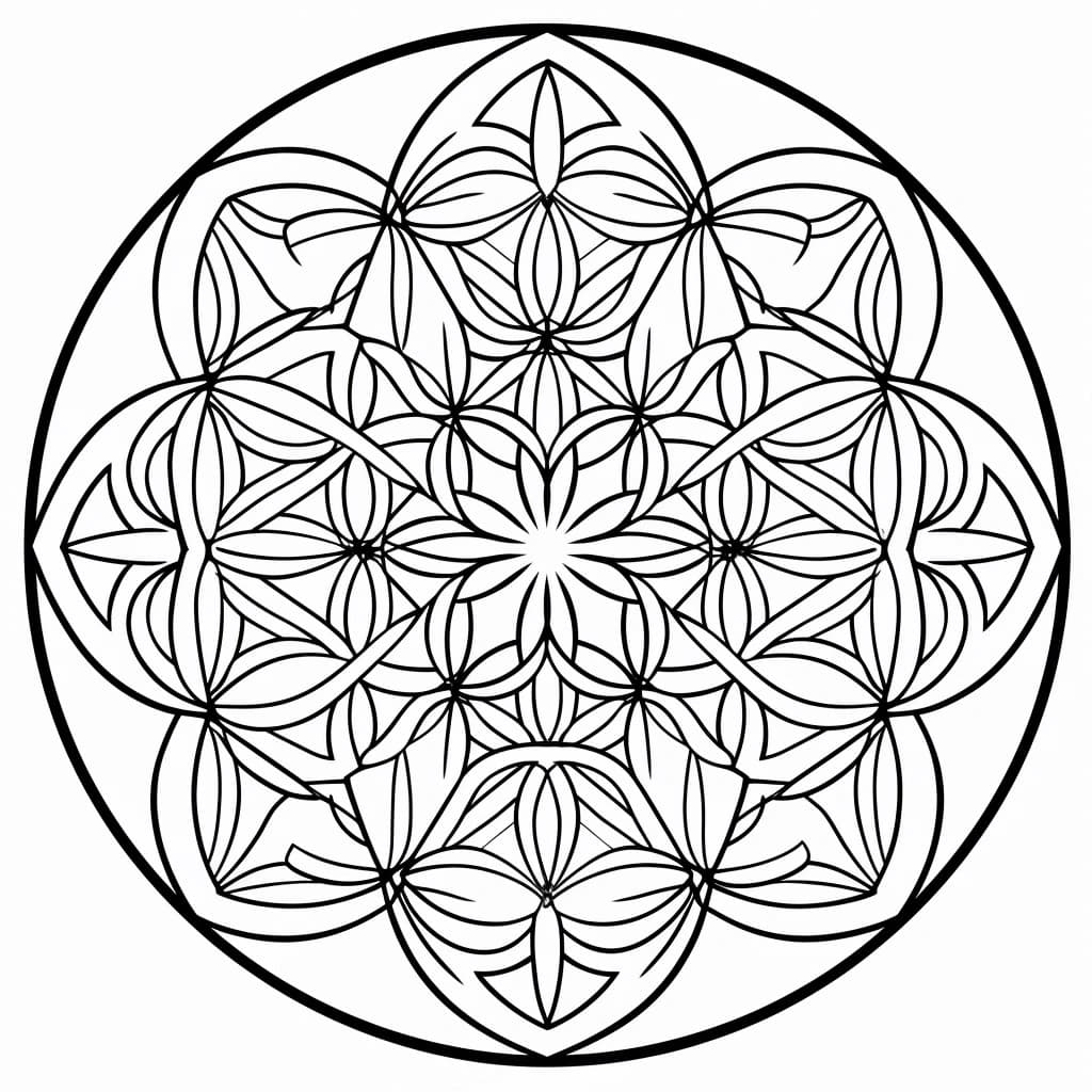 Coloring book page, spiritual and geometric theme: A simple and harmonious design featuring sacred geometry symbols like the Flower of Life, and intertwined fractals. High detail adult coloring book page, thin black lines on a white background, no solid fill, edge-to-edge design, intricate patterns, only outline art, focusing on mathematical beauty and cosmic order – no noise, book, logo, page, letters, words, grayscale – no black background.