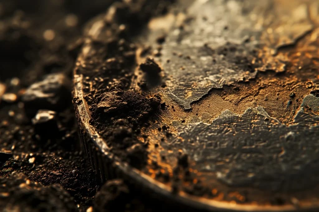 Extreme close-up of a dirty coin edge in soil, made with Midjourney in 2023