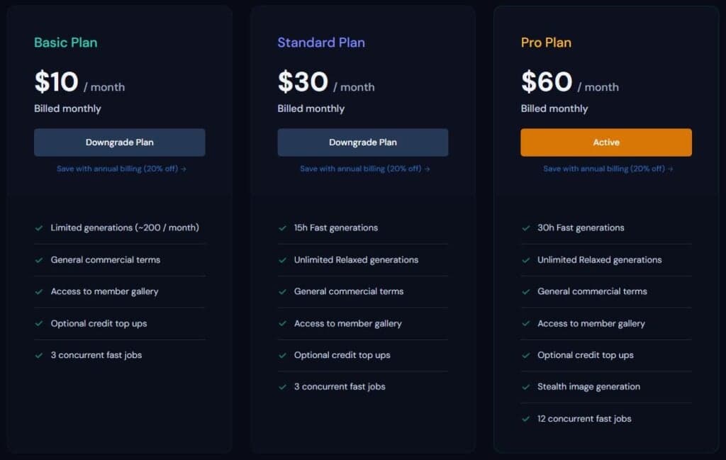 Midjourney pricing blocks showing basic, standard, and pro plans for $10, $30, and $60 per month respectively.