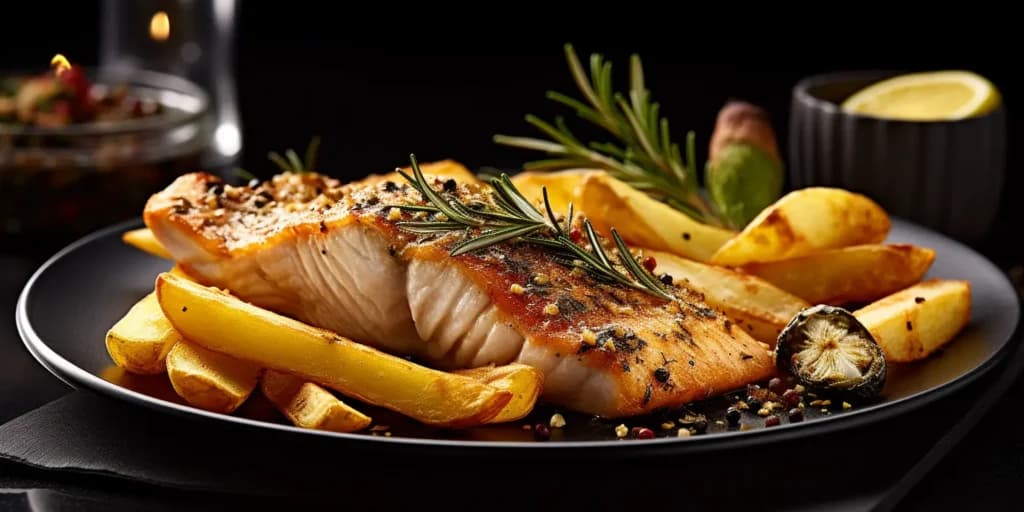 Grilled fish fillet with potato wedges and rosemary on a black plate, made with Midjourney in 2023