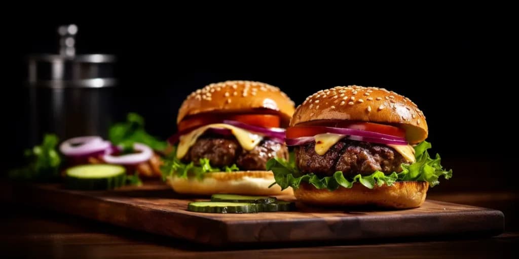 Two cheeseburgers on a wooden board against a dark background, made with Midjourney in 2023