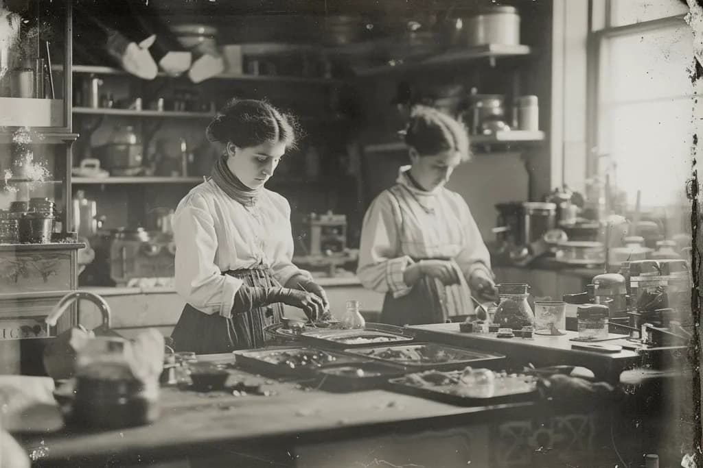 Vintage Photography by Midjourney - Two ladies working, black and white vintage photograph