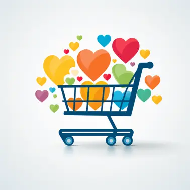 eCommerce style trolley with colorful hearts inside.