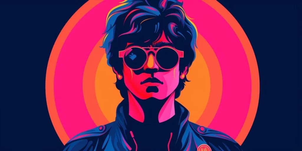 iconic idol, flat vector, groovy neon lo lo-fi, isolated on a white background, surrounded by circle