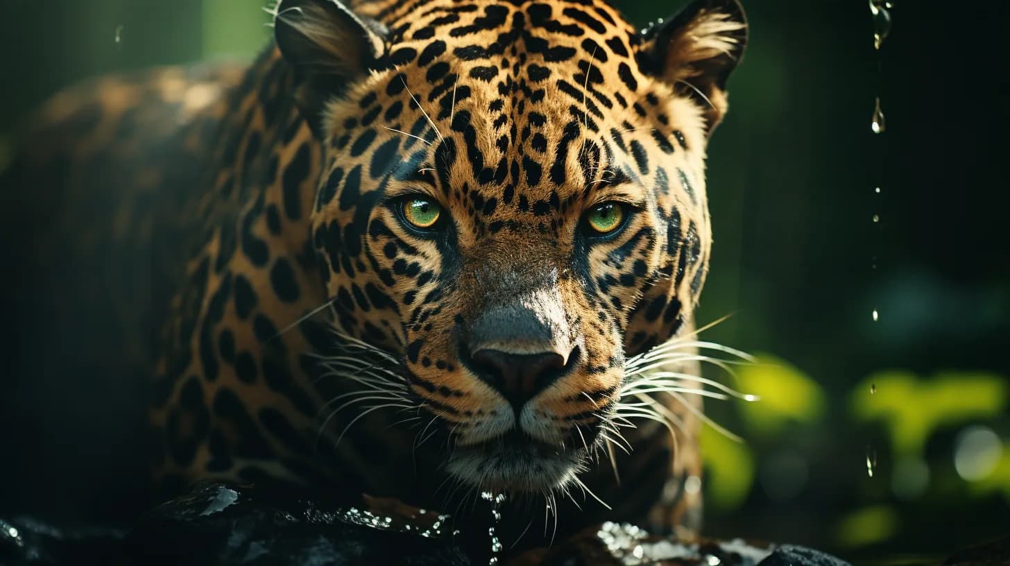 Close-up of a wet jaguar with green eyes, made with Midjourney V5.2