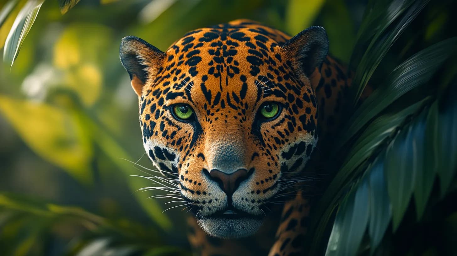 Jaguar face with bright green eyes framed by jungle leaves, made with Midjourney V6.1