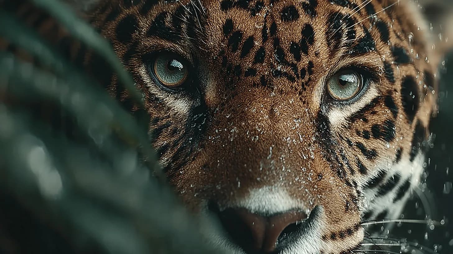 Extreme close-up of a jaguar face with water droplets, made with Midjourney V7