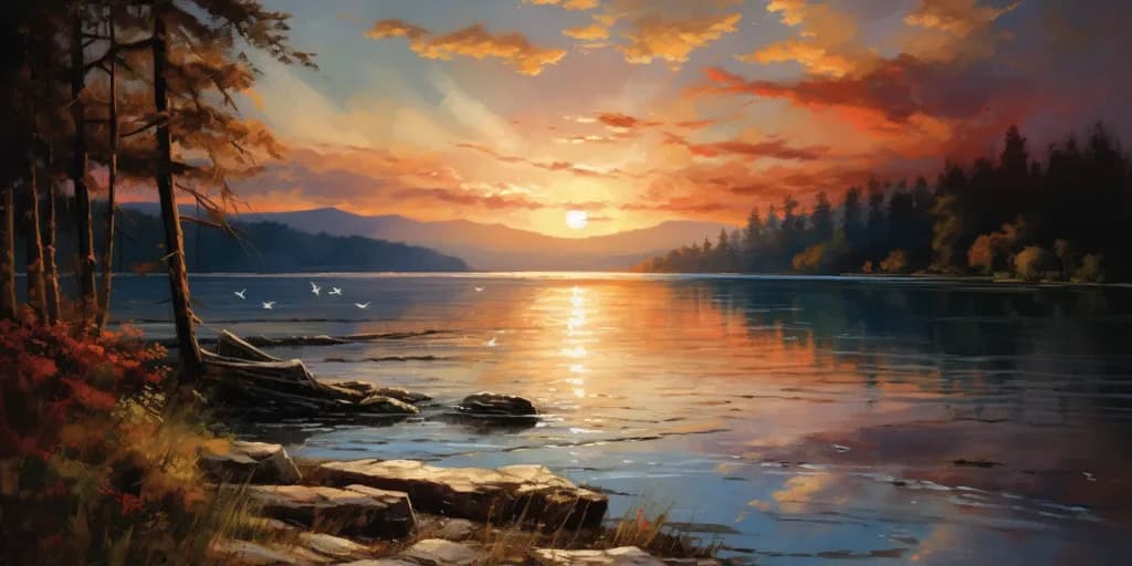 Oil painting of a lake at sunset with thick visible brushwork