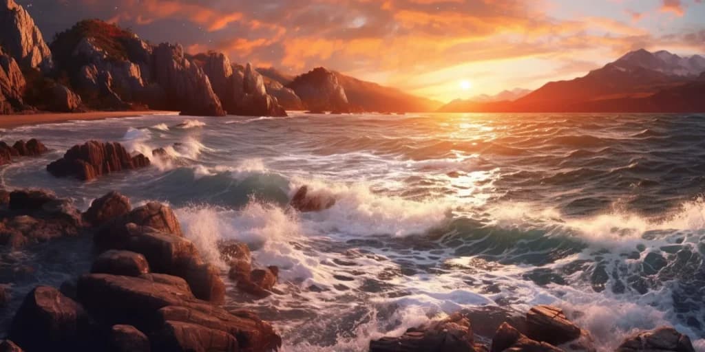 Golden sunrise over crashing waves and red rocks