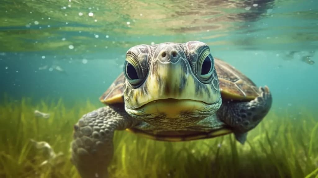 Midjourney Image showing an Amazon river Turtle swimming underwater