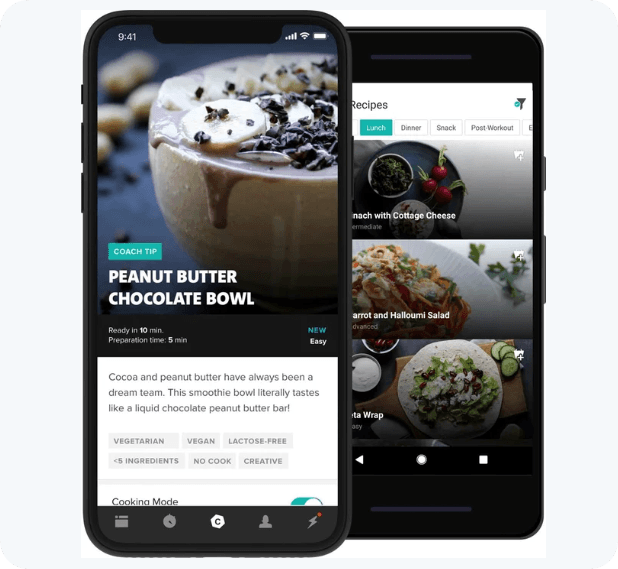 Freeletics GUI showing a meal plan with a Peanut Butter Chocolate Bowl.