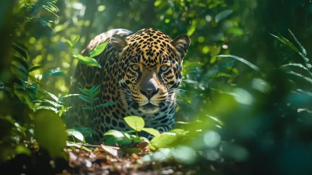 A jaguar with green eyes stalking through rainforest undergrowth