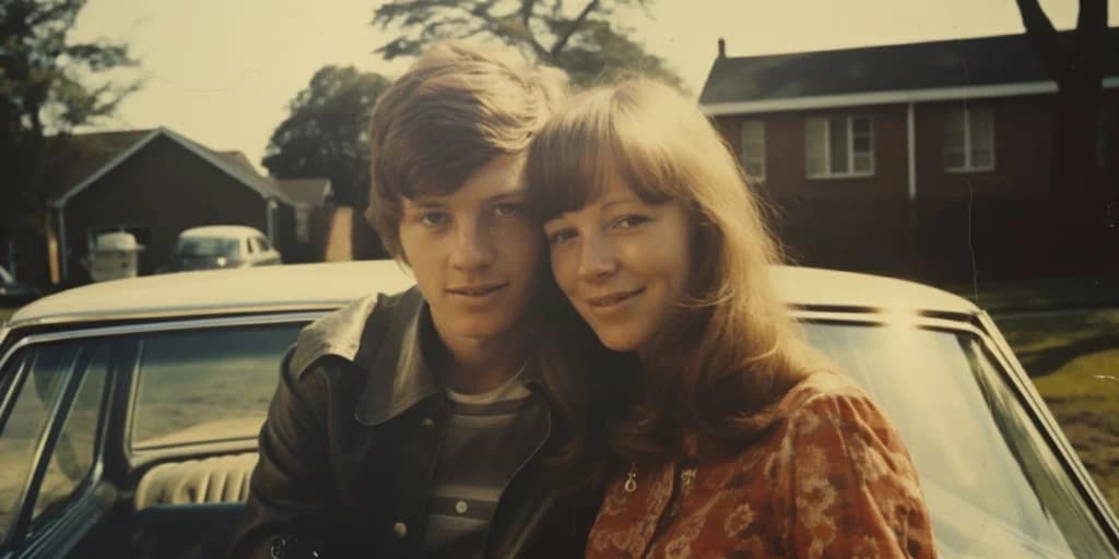 a polaroid capture of high school sweethearts sitting on the bonnet of a car