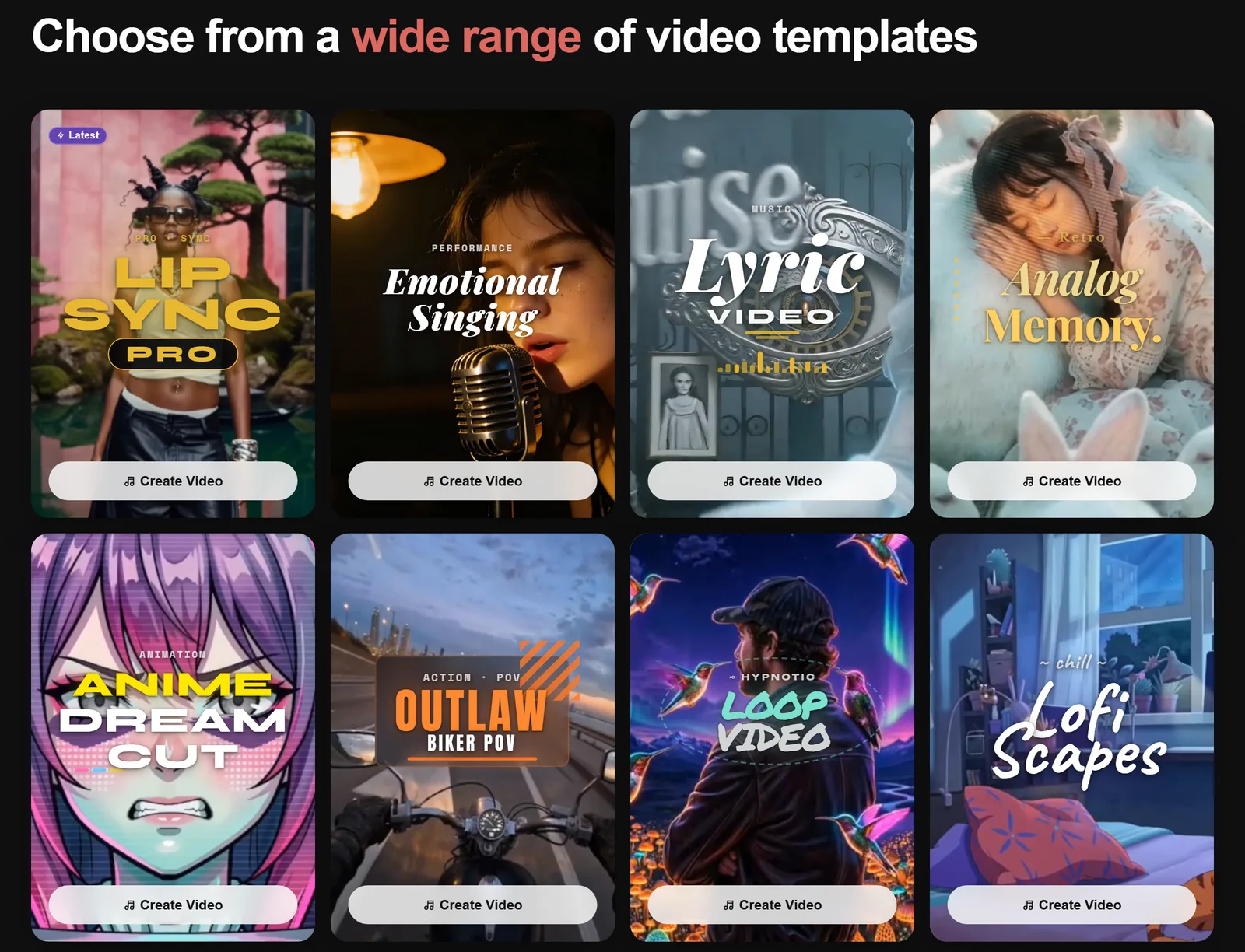 Neural Frames Autopilot templates for a Suno song: Lipsync Pro, Emotional Singing, Lyric Video, Analog Memory, Anime Dreamcut, Outlaw Biker POV, Loop Video and Lofi Scapes.