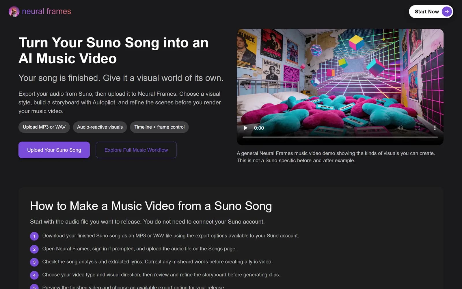 Neural Frames' Suno to Video page: turn your Suno song into an AI music video, upload MP3 or WAV, with audio-reactive visuals and timeline control.
