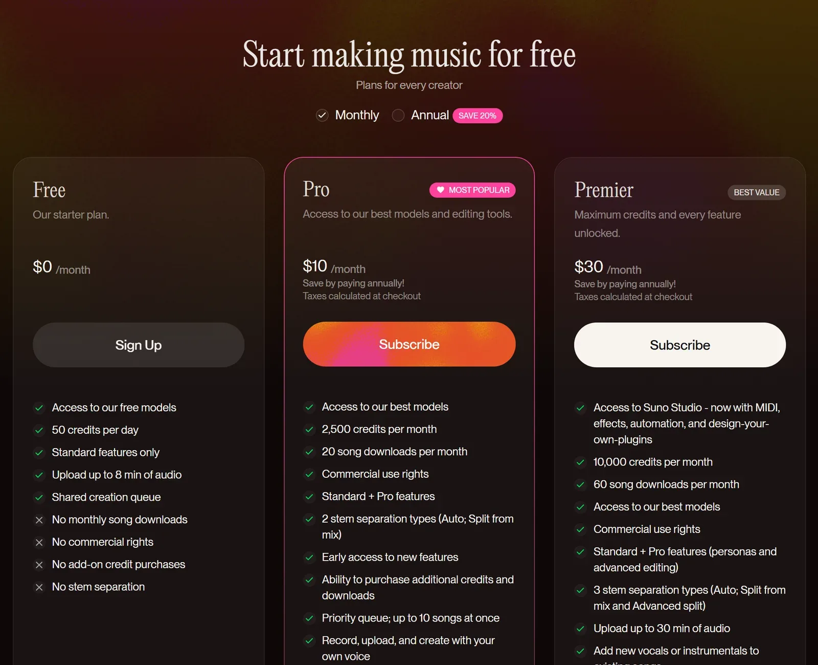 Suno's plans: Free at $0 with no monthly song downloads or commercial rights, Pro at $10 a month with 20 downloads and commercial use rights, and Premier at $30 a month with 60 downloads.